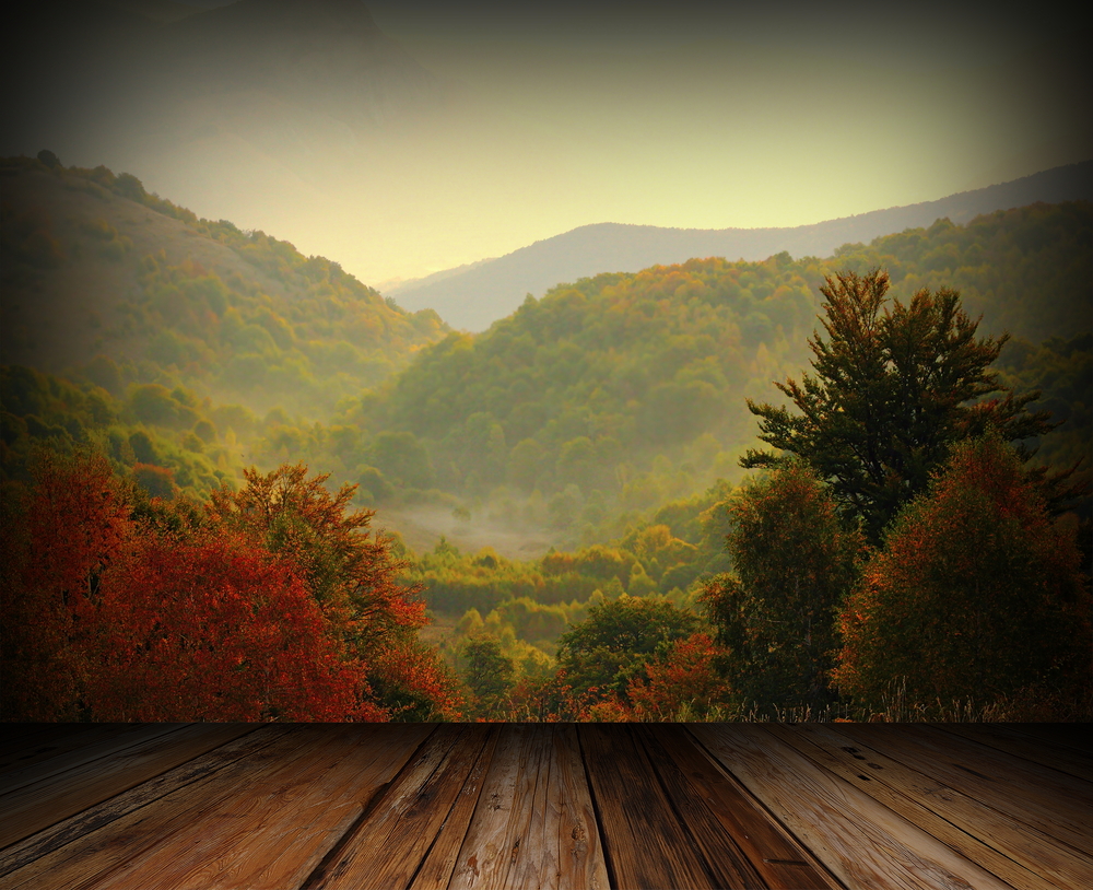 View of the fall colors in the Smoky Mountains from the deck of a cabin