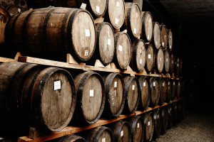 Barrels of wine in a cellar.